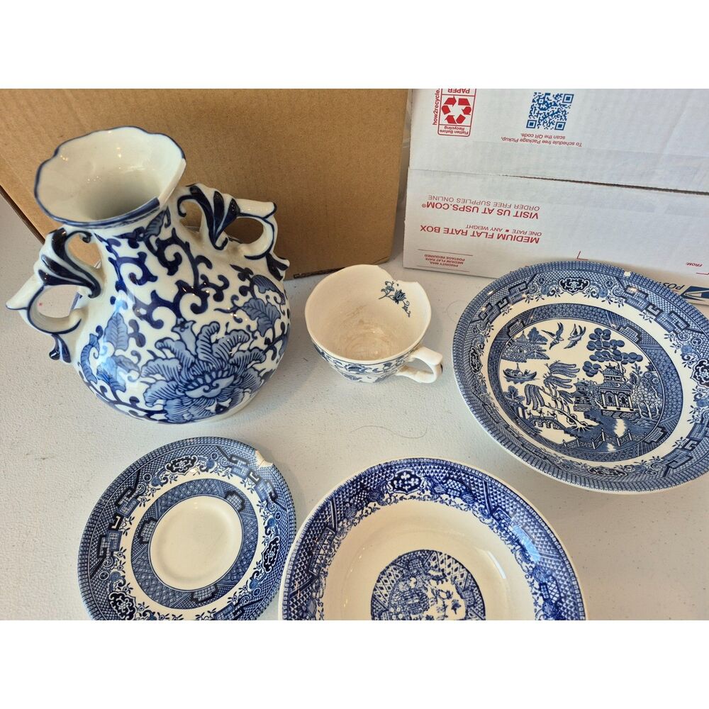 Vintage Blue Willow and Canton China Lot-Chipped/Broken Pieces for Mosaic-Crafts